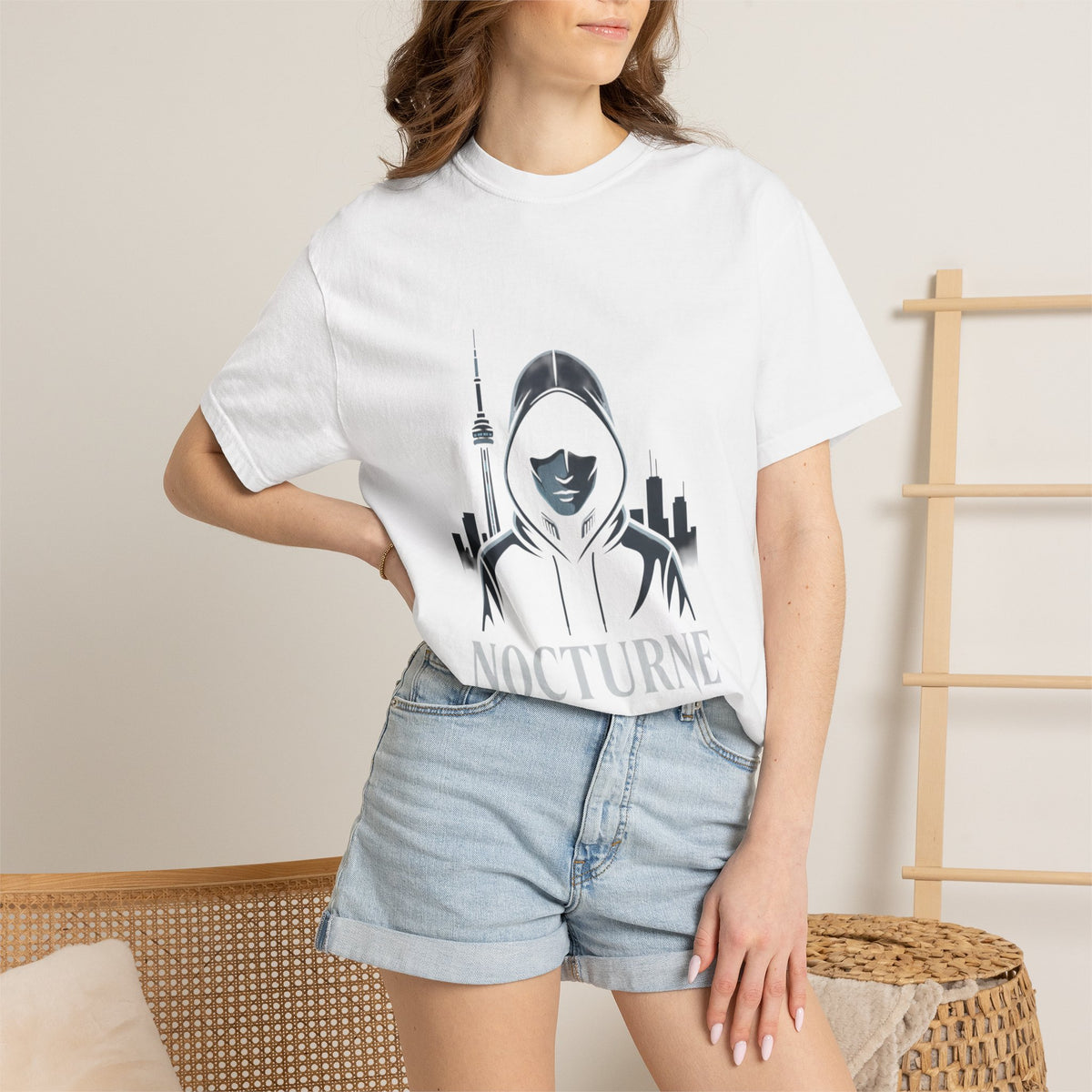 Nocturne Hooded Figure T‑Shirt — Urban Nightlife Graphic Tee