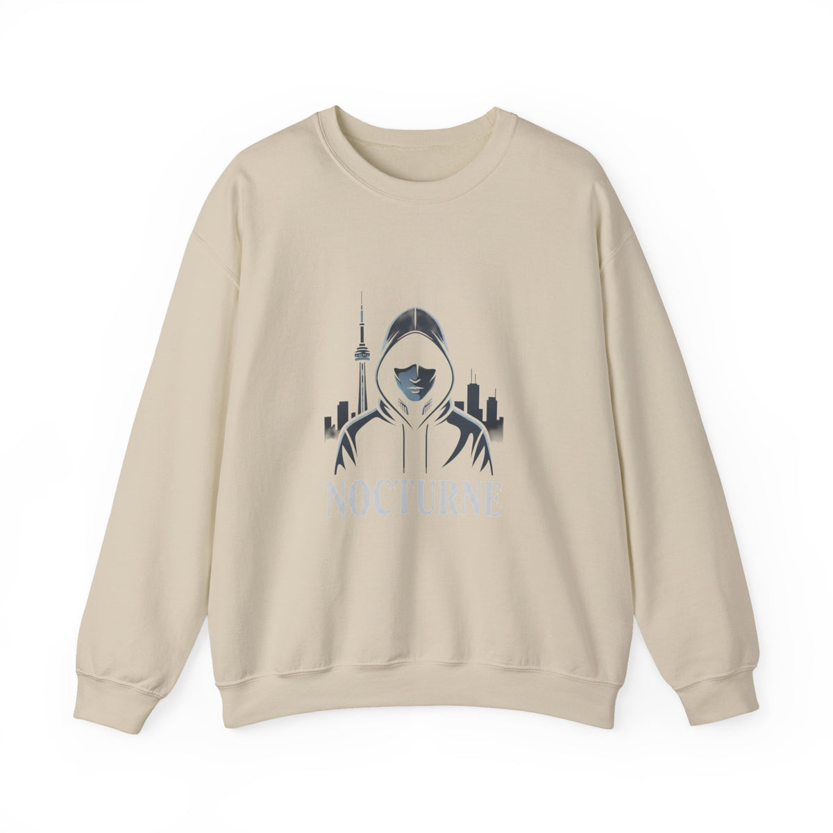 Nocturne Hooded Figure Crewneck Sweatshirt — Urban Night Cityscape Graphic
