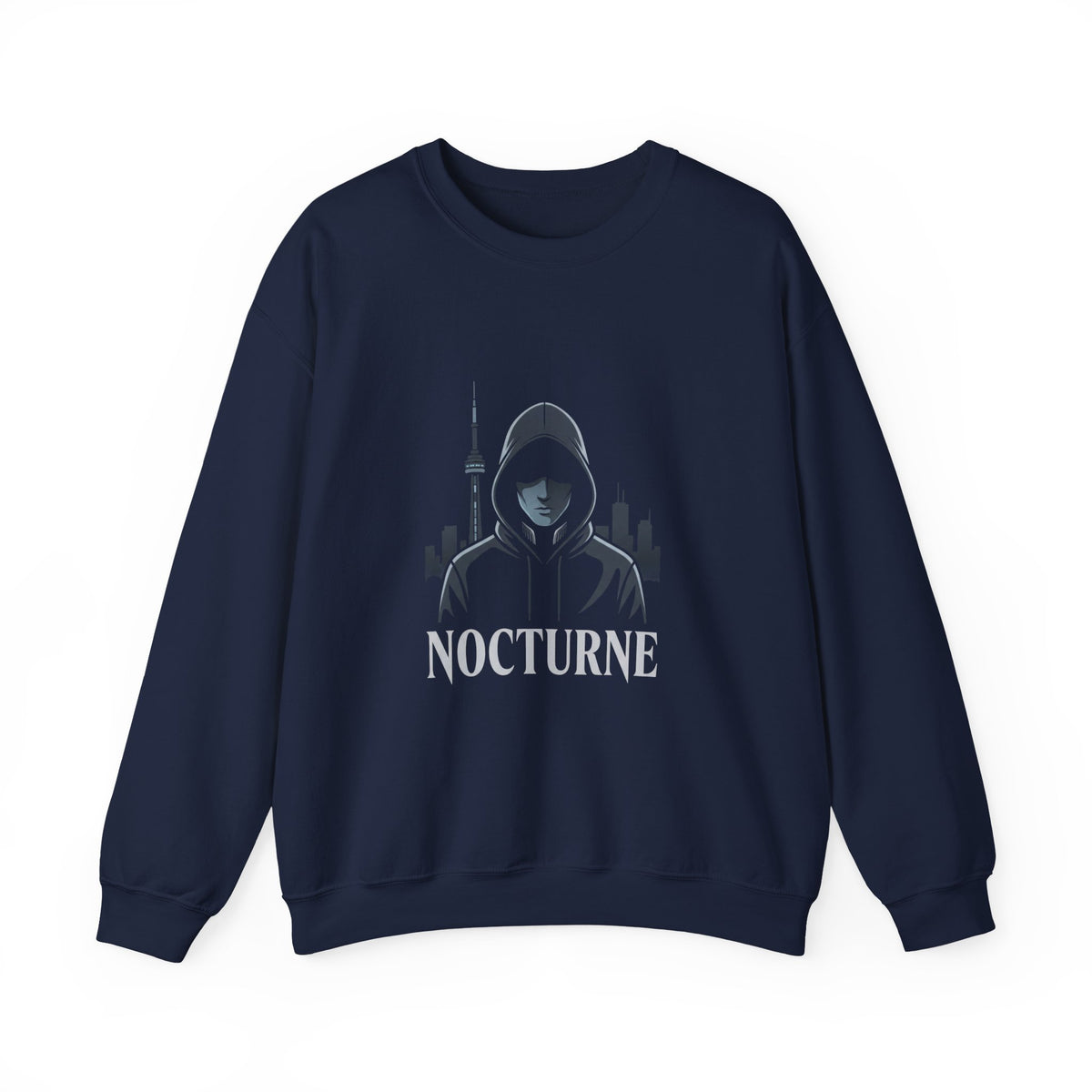 Nocturne Hooded Figure Crewneck Sweatshirt — Urban Night Cityscape Graphic