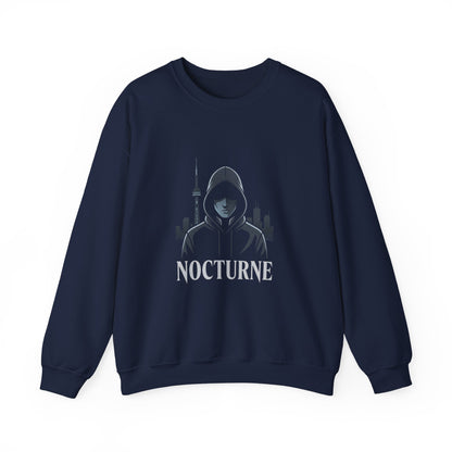 Nocturne Hooded Figure Crewneck Sweatshirt — Urban Night Cityscape Graphic
