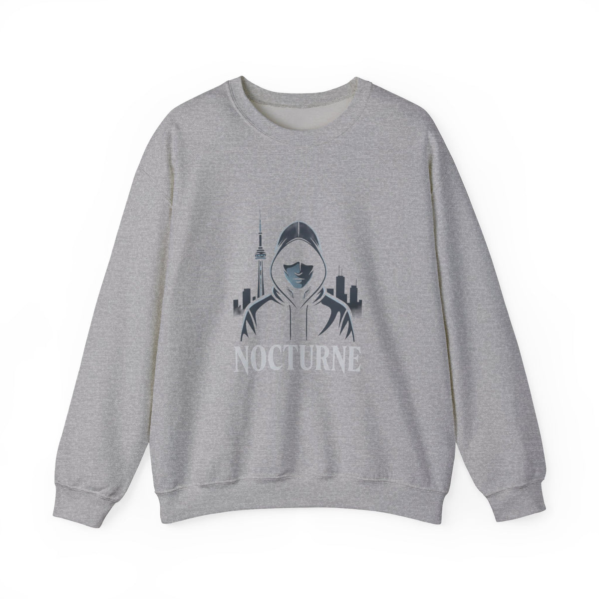Nocturne Hooded Figure Crewneck Sweatshirt — Urban Night Cityscape Graphic