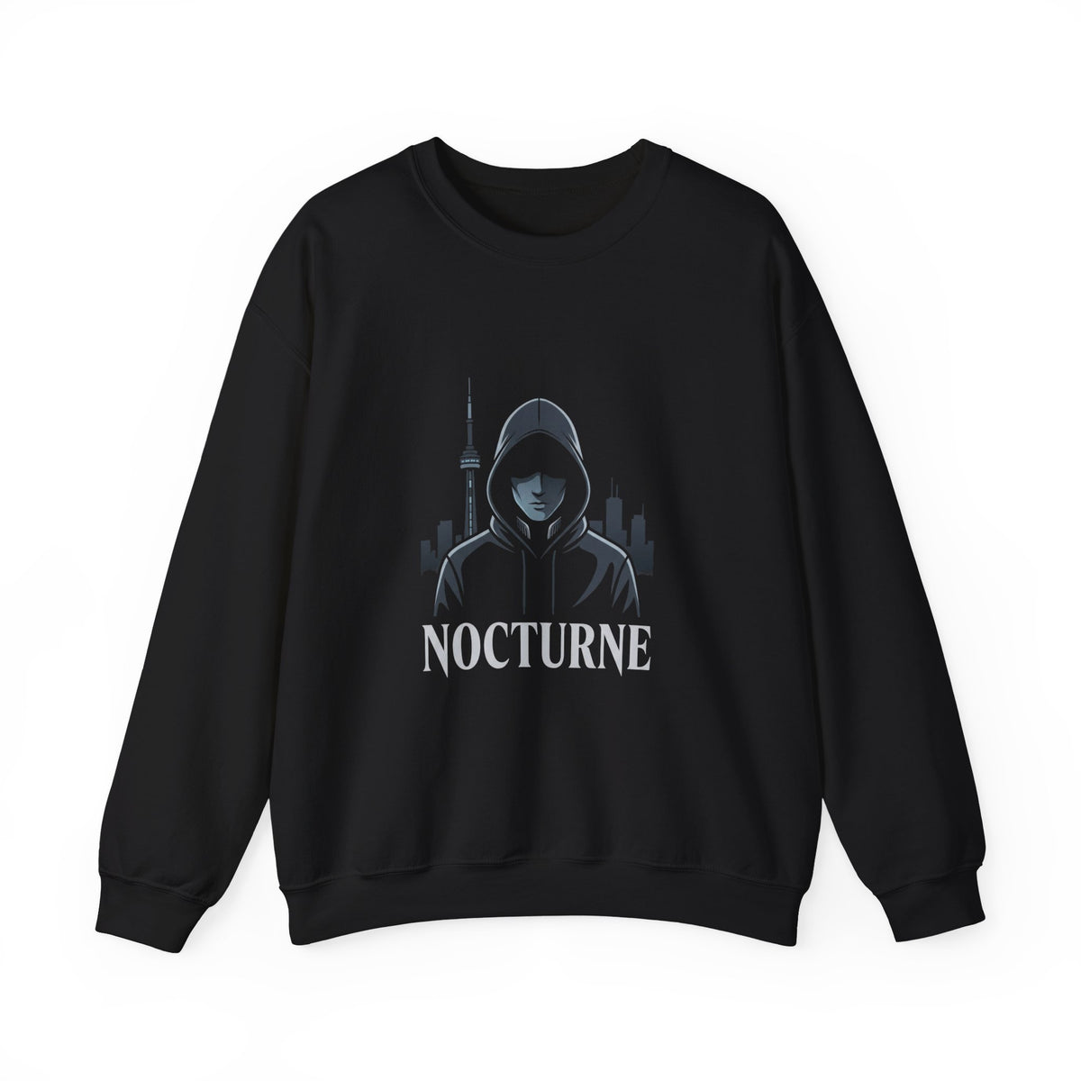 Nocturne Hooded Figure Crewneck Sweatshirt — Urban Night Cityscape Graphic