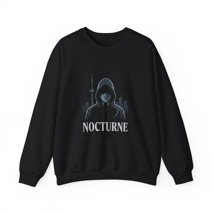 Nocturne Hooded Figure Crewneck Sweatshirt — Urban Night Cityscape Graphic