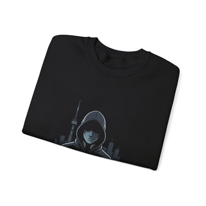 Nocturne Hooded Figure Crewneck Sweatshirt — Urban Night Cityscape Graphic
