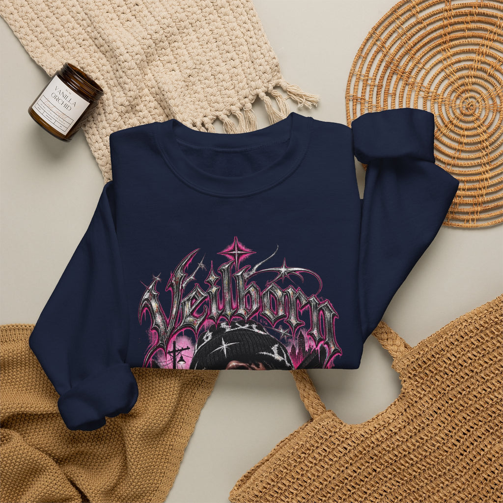 Graphic Crewneck Sweatshirt — Gothic Portrait Design (Black & Pink)