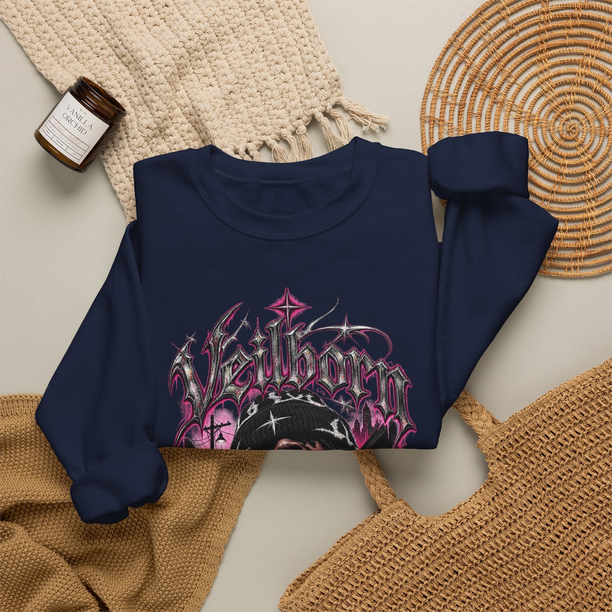Graphic Crewneck Sweatshirt — Gothic Portrait Design (Black & Pink)