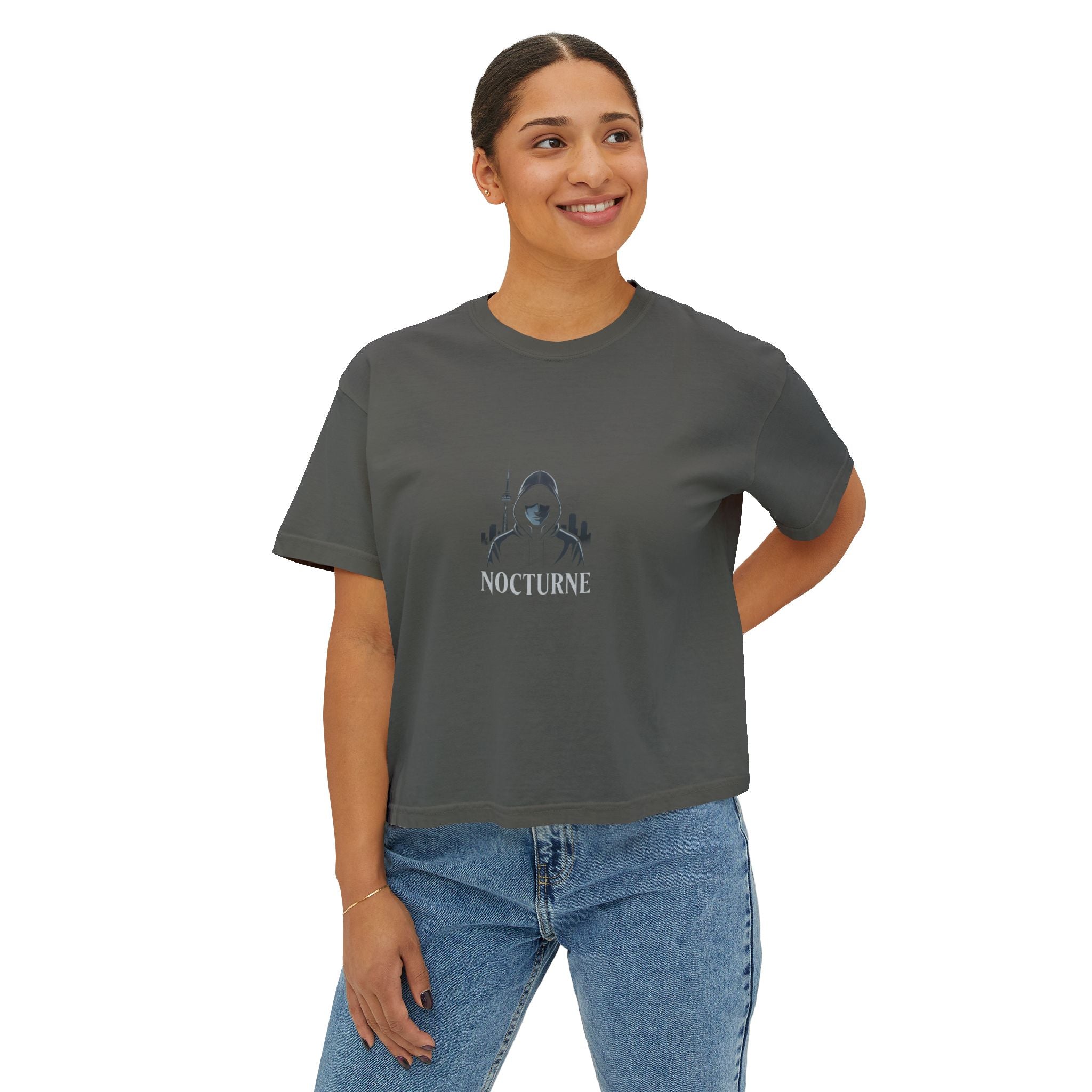 Nocturne Gothic Logo Boxy Tee — Women's Cropped Graphic Shirt