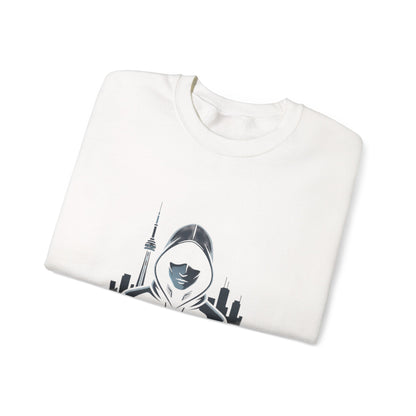 Nocturne Hooded Figure Crewneck Sweatshirt — Urban Night Cityscape Graphic