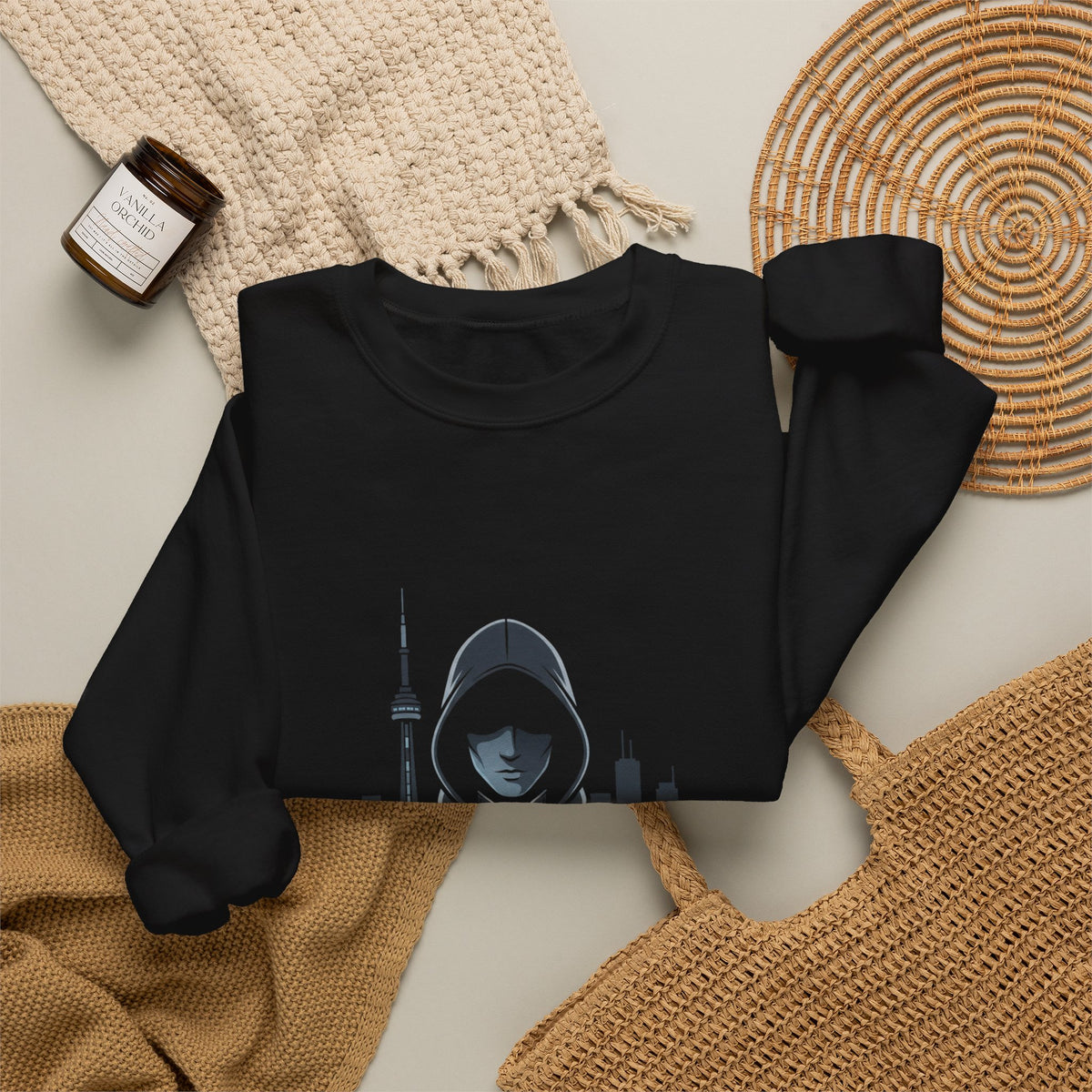 Nocturne Hooded Figure Crewneck Sweatshirt — Urban Night Cityscape Graphic