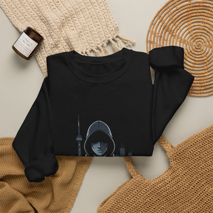 Nocturne Hooded Figure Crewneck Sweatshirt — Urban Night Cityscape Graphic