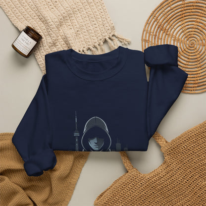 Nocturne Hooded Figure Crewneck Sweatshirt — Urban Night Cityscape Graphic