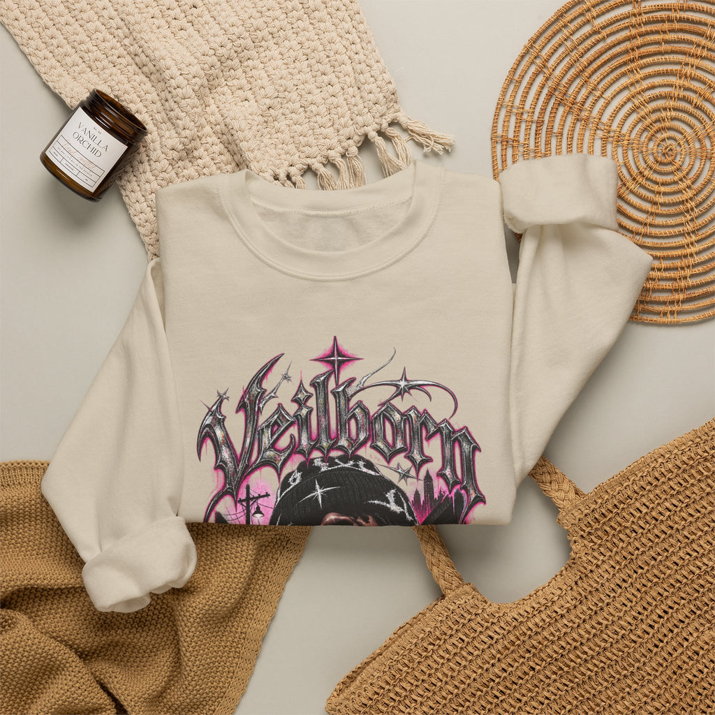 Graphic Crewneck Sweatshirt — Gothic Portrait Design (Black & Pink)