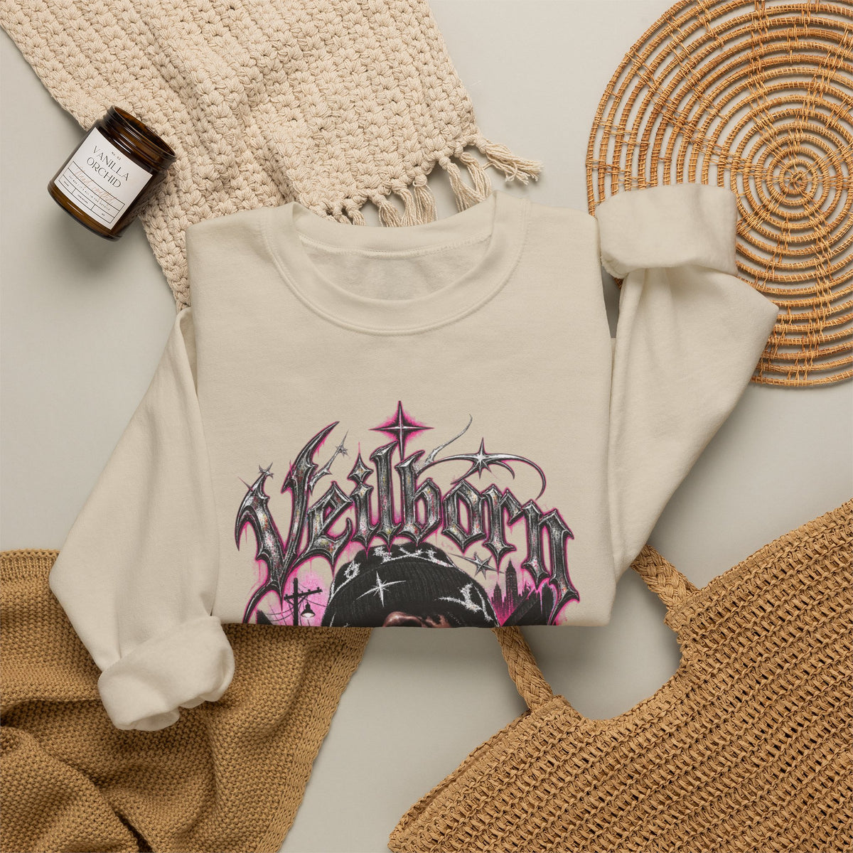 Graphic Crewneck Sweatshirt — Gothic Portrait Design (Black & Pink)