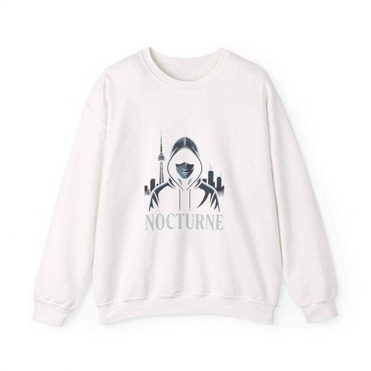 Nocturne Hooded Figure Crewneck Sweatshirt — Urban Night Cityscape Graphic