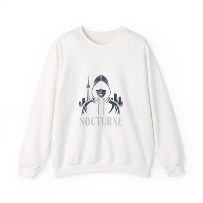 Nocturne Hooded Figure Crewneck Sweatshirt — Urban Night Cityscape Graphic