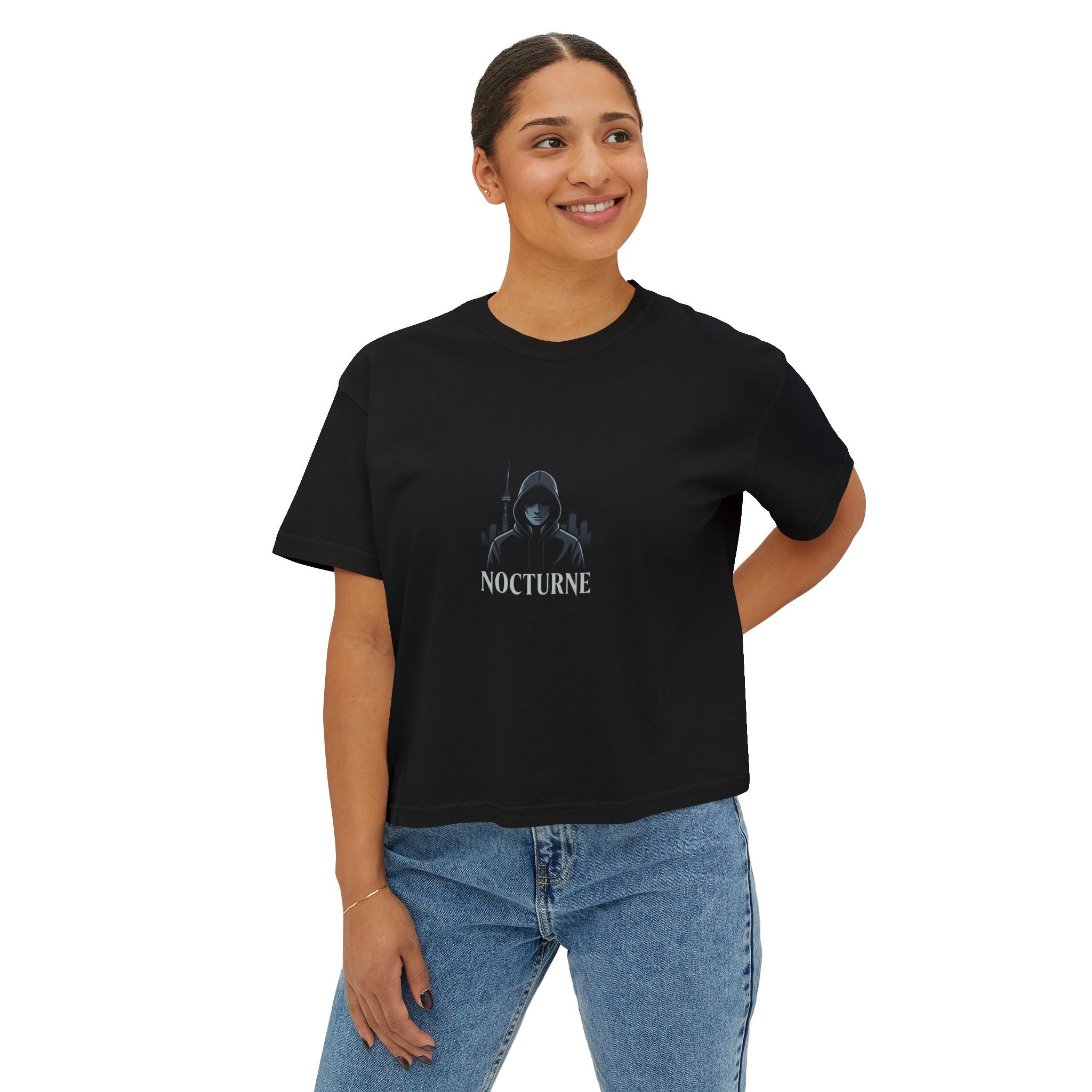 Nocturne Gothic Logo Boxy Tee — Women's Cropped Graphic Shirt