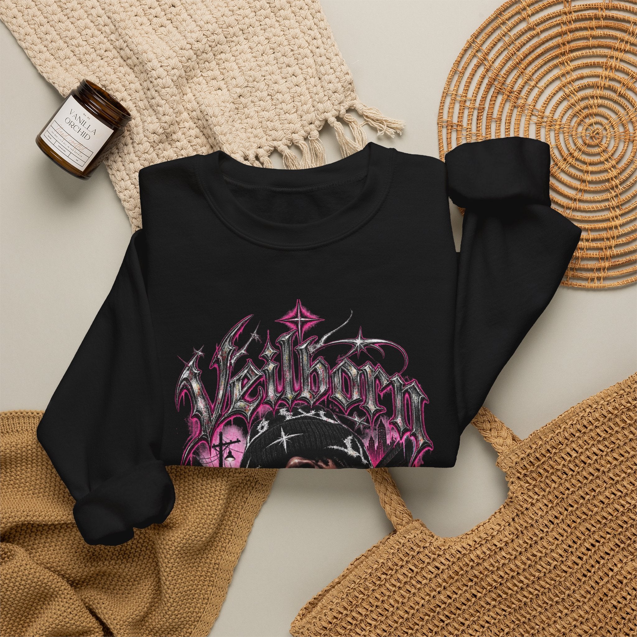 Graphic Crewneck Sweatshirt — Gothic Portrait Design (Black & Pink)