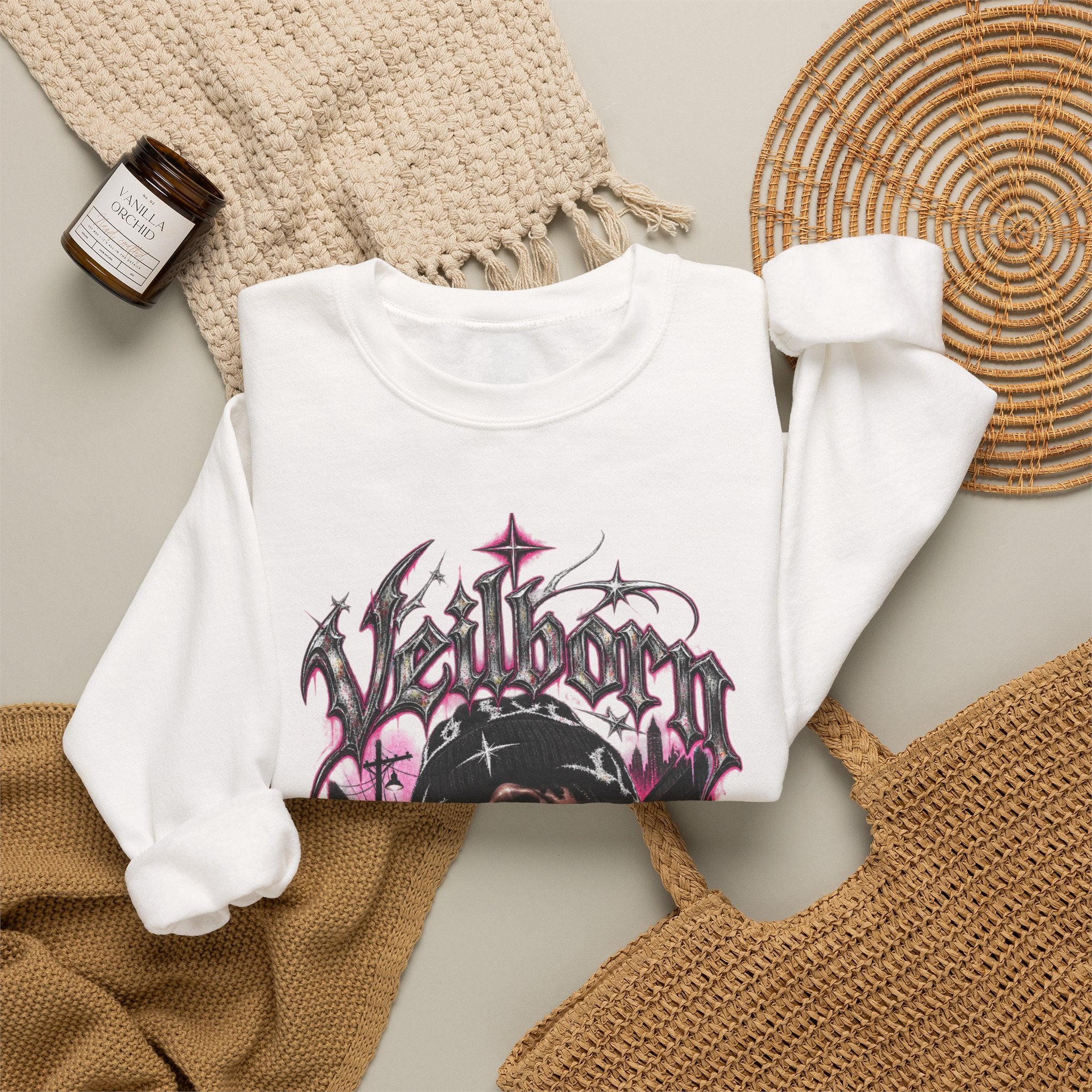 Graphic Crewneck Sweatshirt — Gothic Portrait Design (Black & Pink)