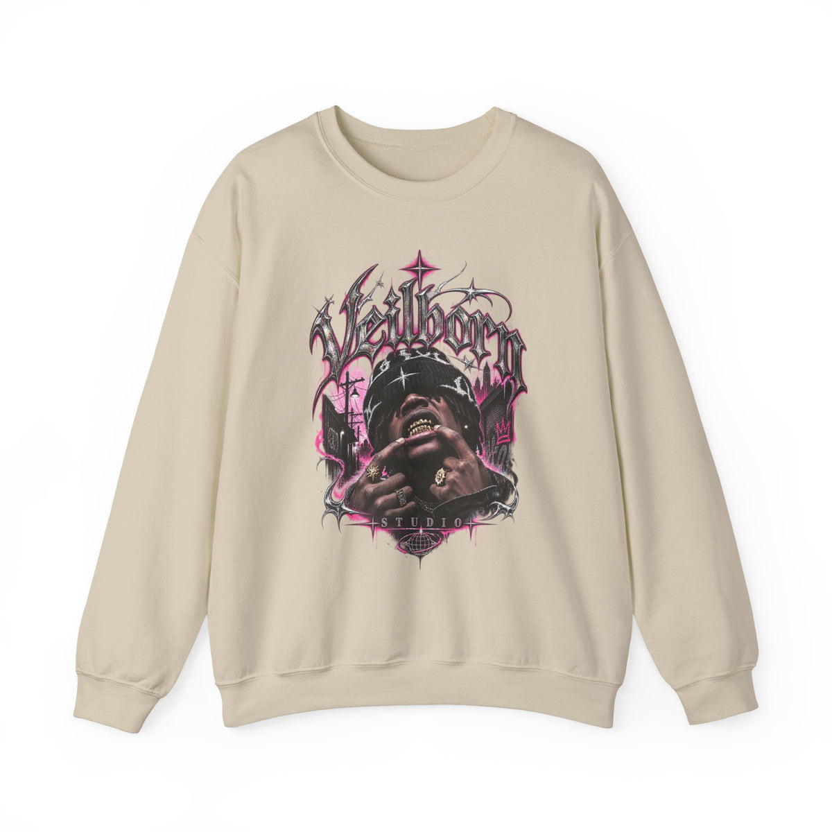 Graphic Crewneck Sweatshirt — Gothic Portrait Design (Black & Pink)