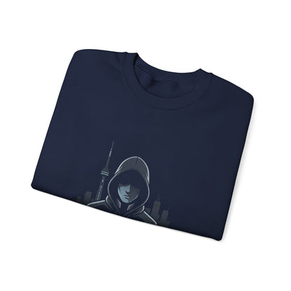 Nocturne Hooded Figure Crewneck Sweatshirt — Urban Night Cityscape Graphic