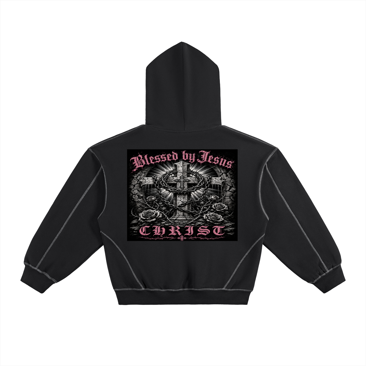 Contrast-Stitched Boxy Fleece Hoodie