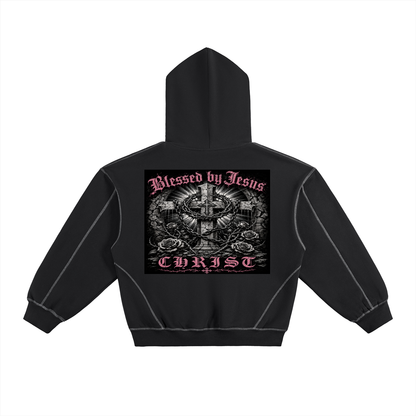 Contrast-Stitched Boxy Fleece Hoodie